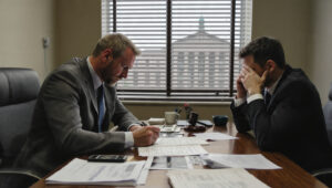 a realistic tense scene inside a small (2) car accident attorney