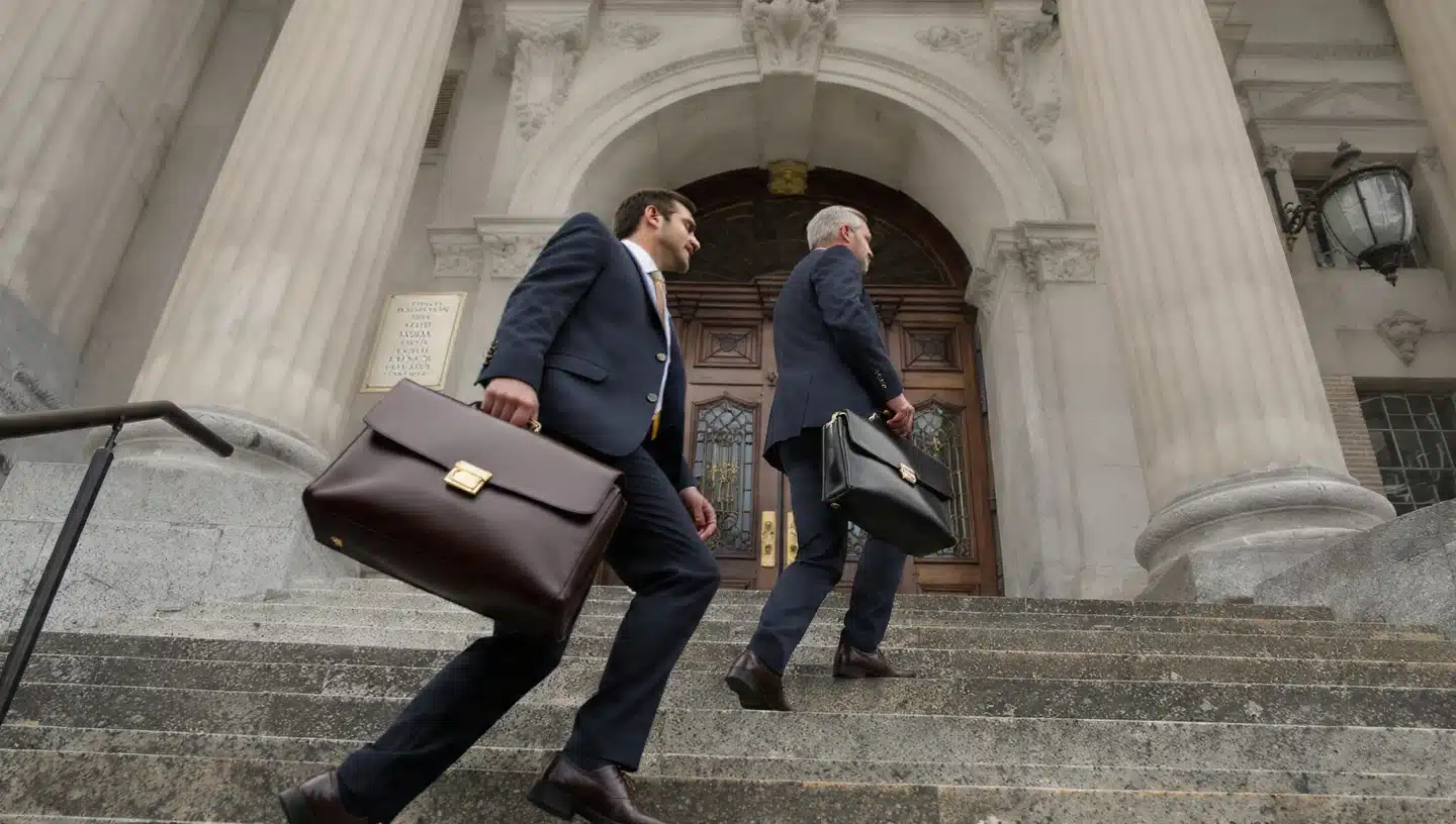 a low angle dynamic shot of two attorneys