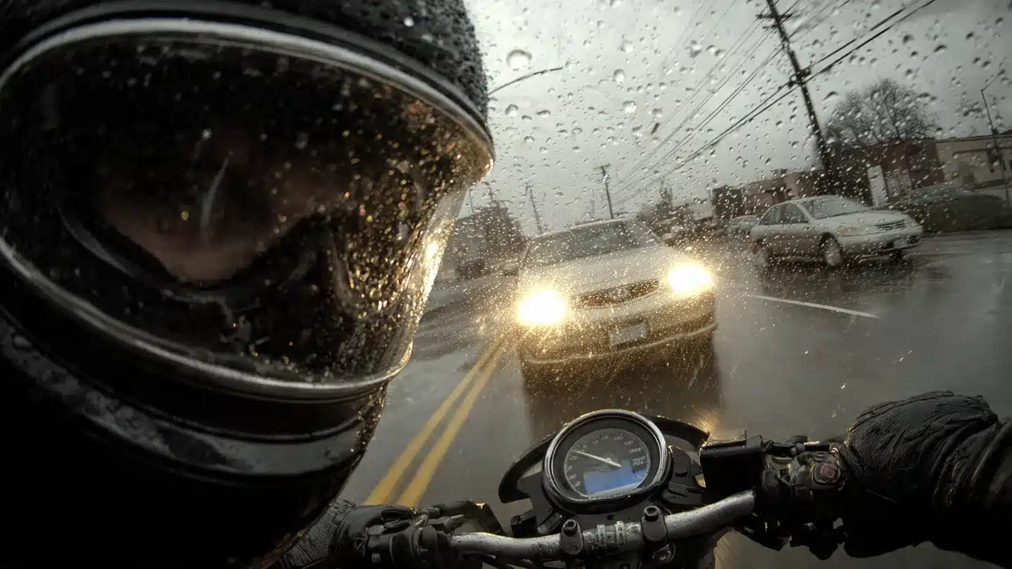 a tense cinematic point of view pov shot from motorcycle accident lawyer in Richmond