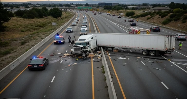 Jackknife semi-truck crash blocking a highway with police responding, illustrating legal challenges in rollover and truck accident claims