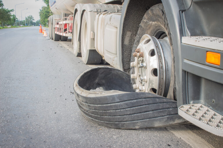 Tractor-trailer tire blowout on Richmond highway shoulder showing detached commercial truck tire and damaged wheel