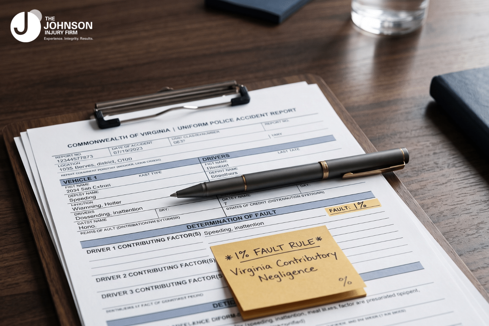 Police accident report and pen on a desk, representing how a single percentage of fault can affect a Virginia contributory negligence injury claim